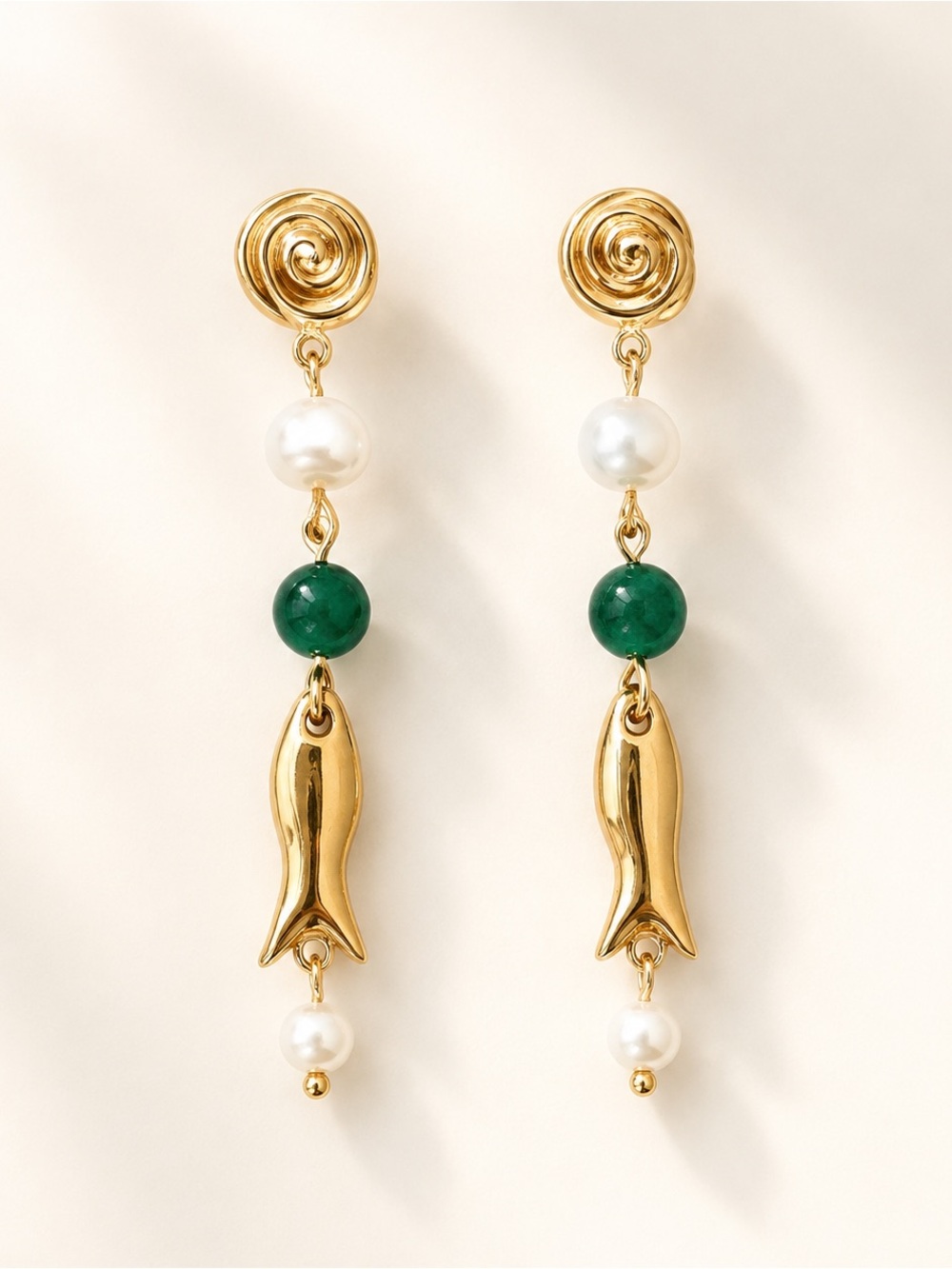 18K Gold Plated Pearl Fish Drop Earrings Green Bead Pearl accent